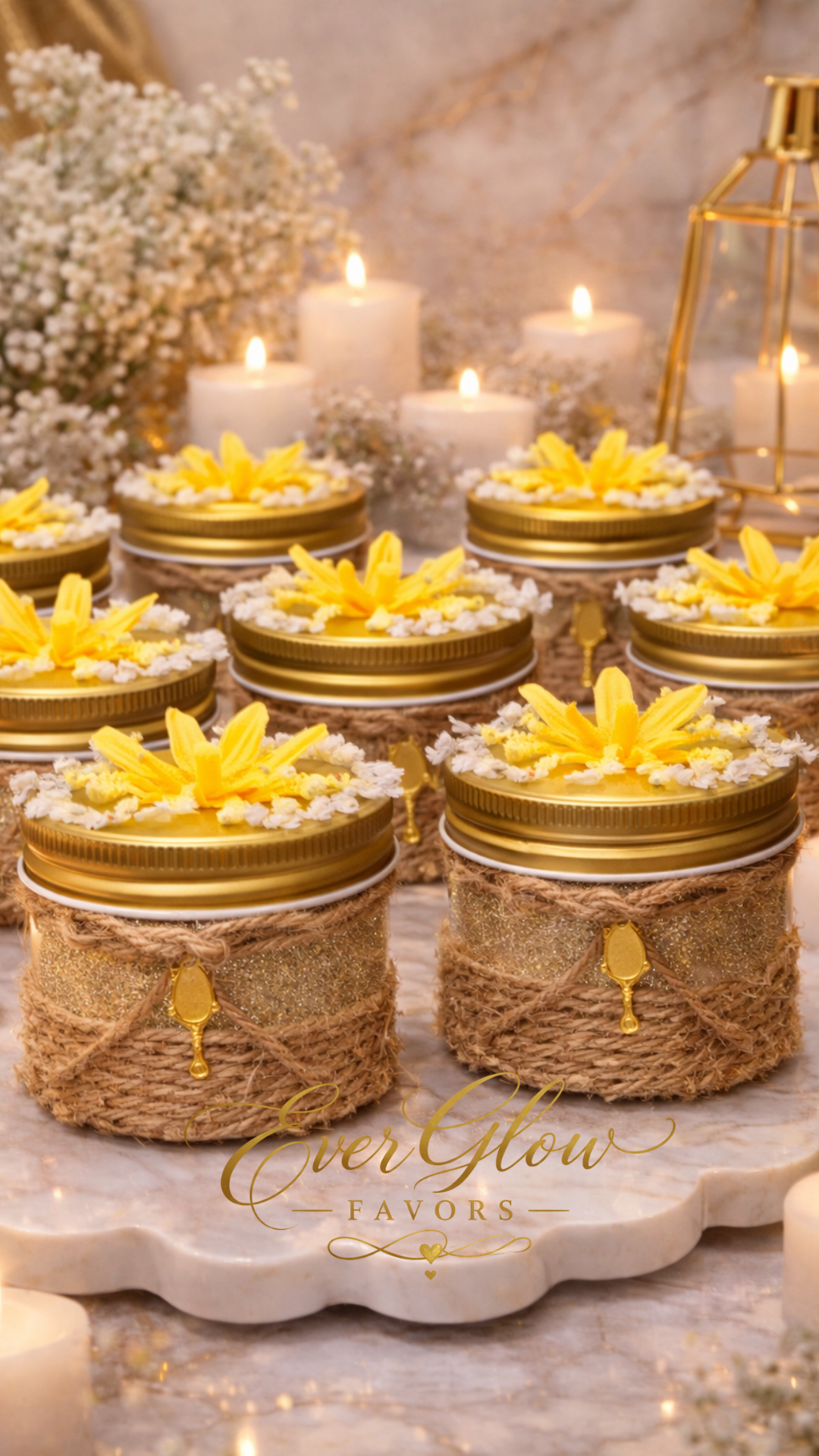 Rustic Gold Floral Candle Favor – Handcrafted Wedding & Baby Shower Gift