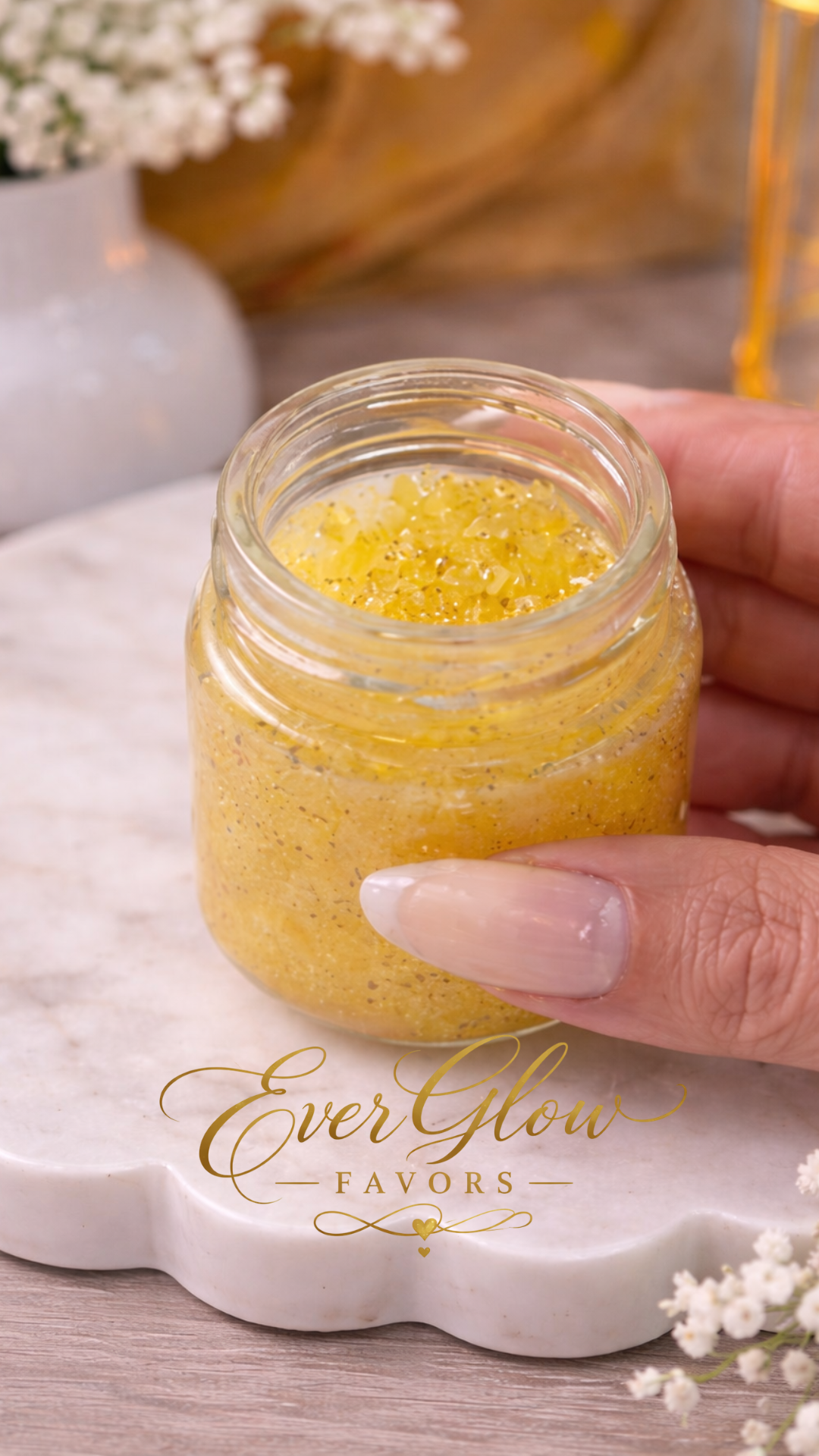 Golden Glow 2oz Sugar Scrub Favor – Handcrafted Exfoliating Party Gift